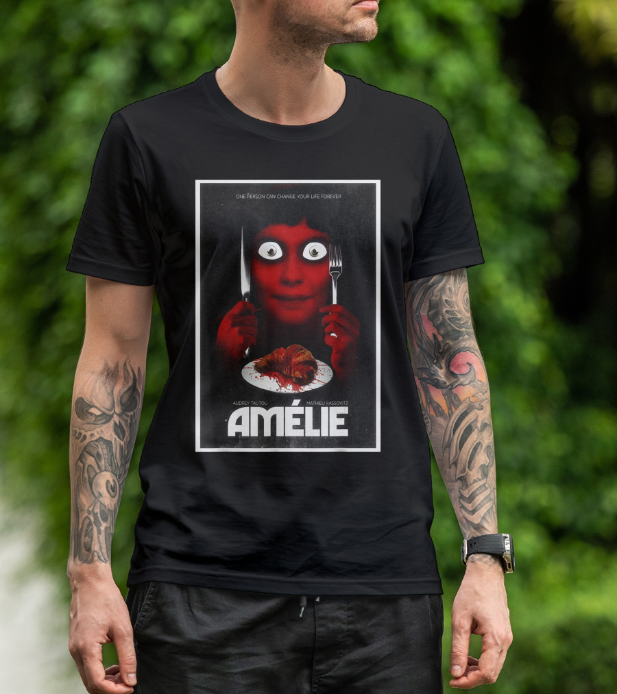 Amélie Horror Parody Audrey Tautou Matthieu Kassovitz Creepy Croissant T-Shirt