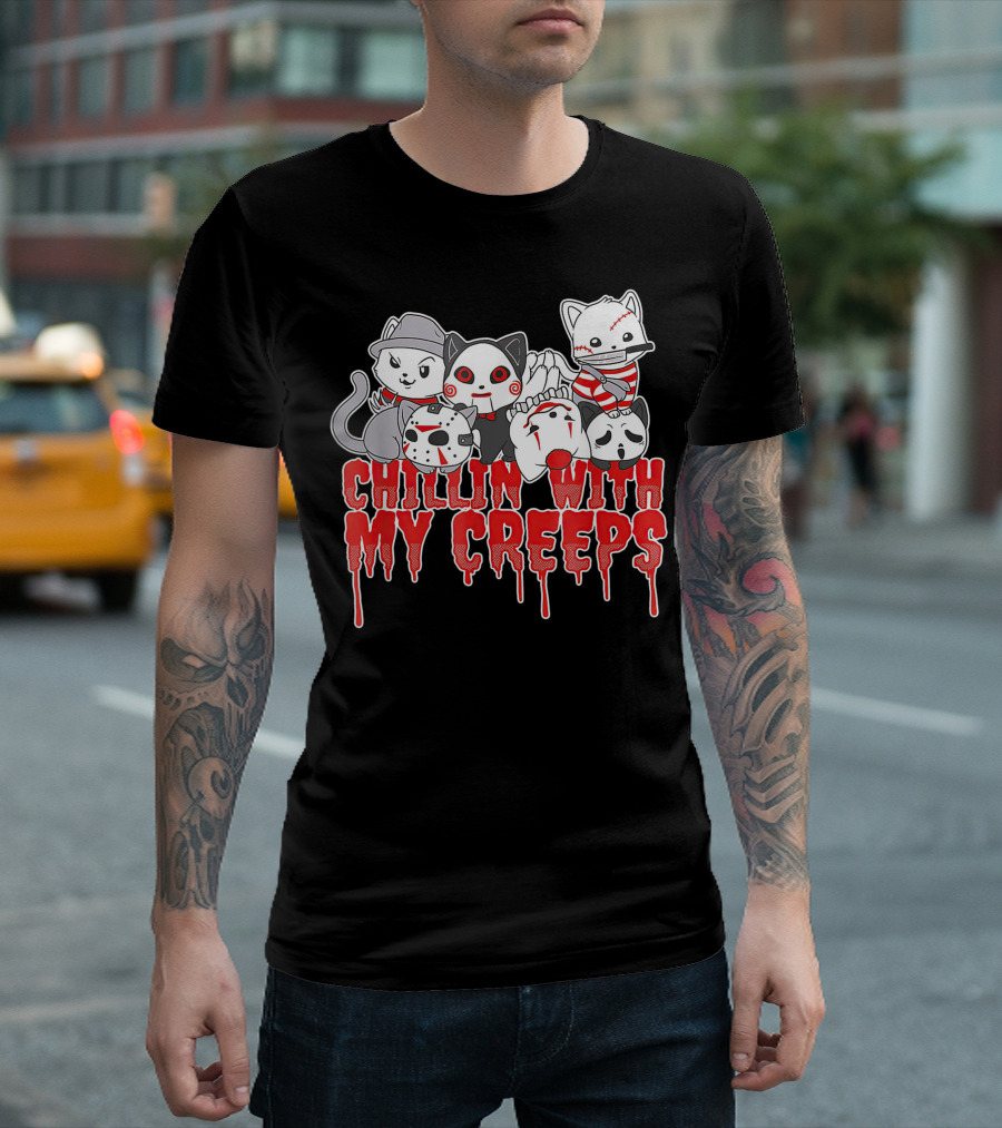 Chillin With My Creeps Halloween Cats In Costumes T-Shirt