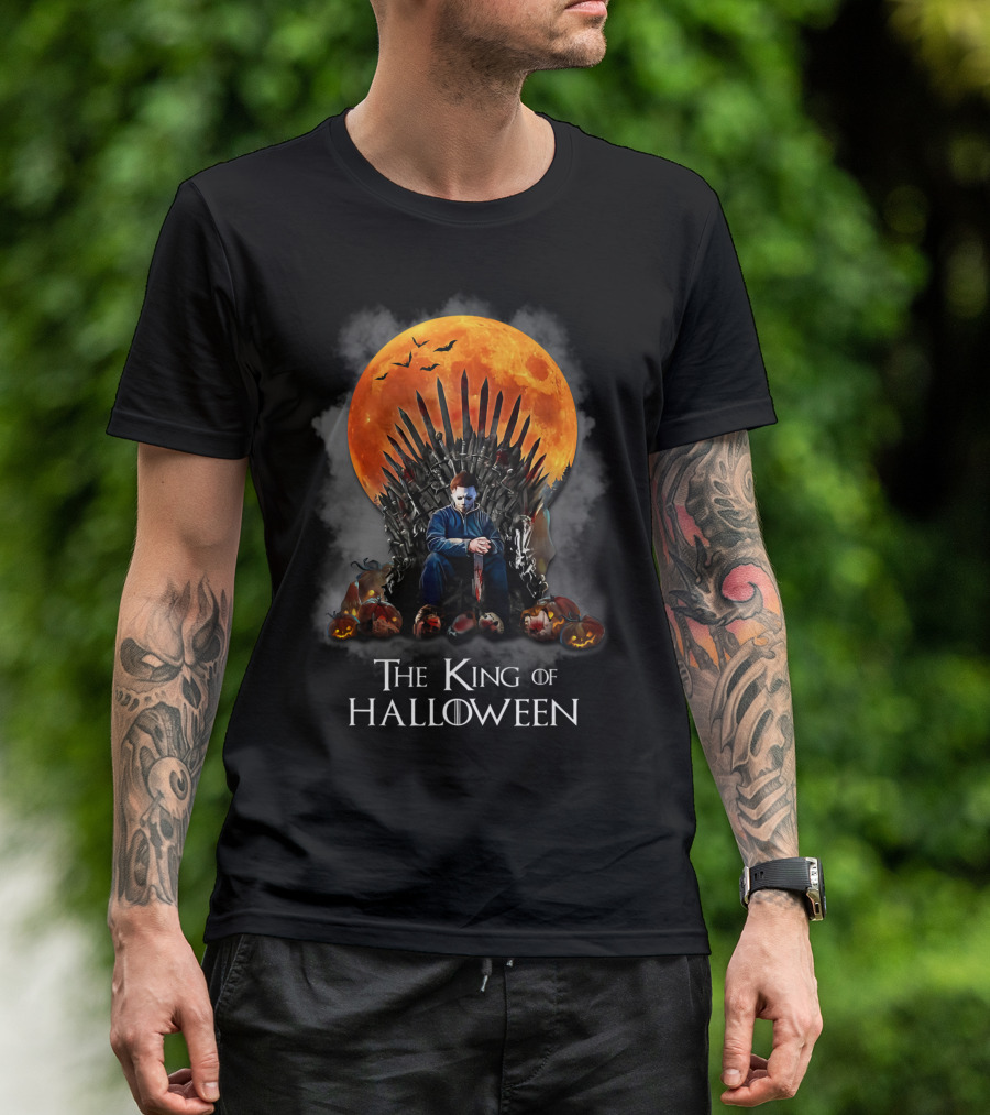 The King Of Halloween Horror Characters On Throne With Full Moon And Pumpkins T-Shirt