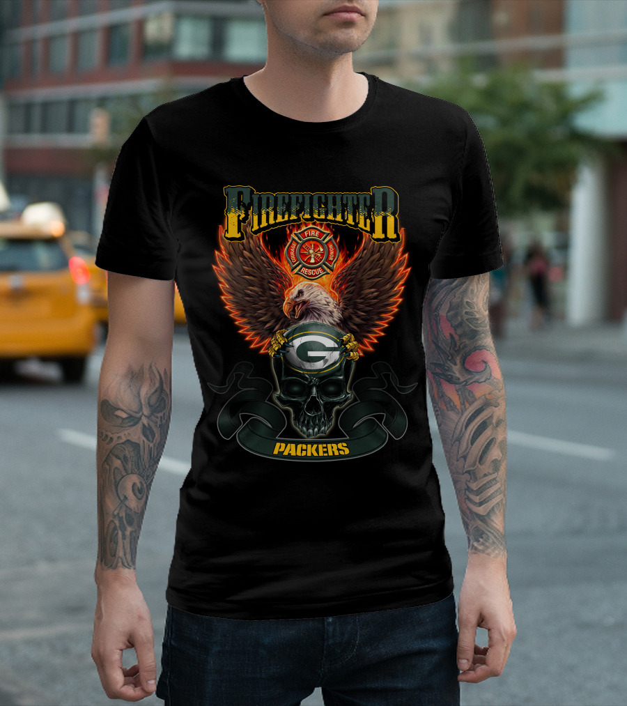 Firefighter Fire Rescue Eagle Green Bay Packers Skull T-Shirt