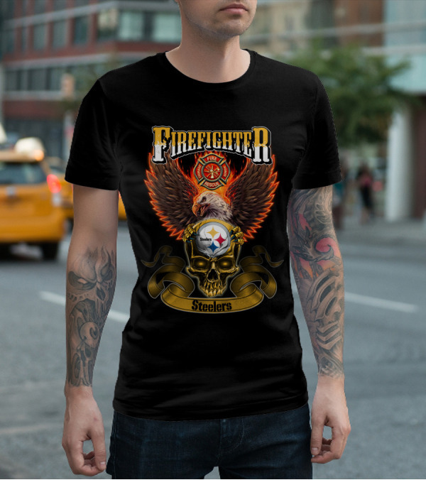 Firefighter Eagle Pittsburgh Steelers Fire Rescue Badge Skull T-Shirt