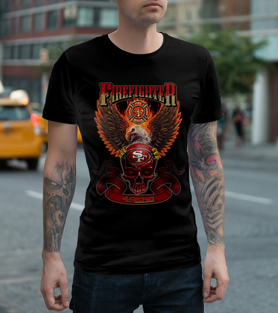 Firefighter Fire Rescue Eagle 49ers SF Skull T-Shirt