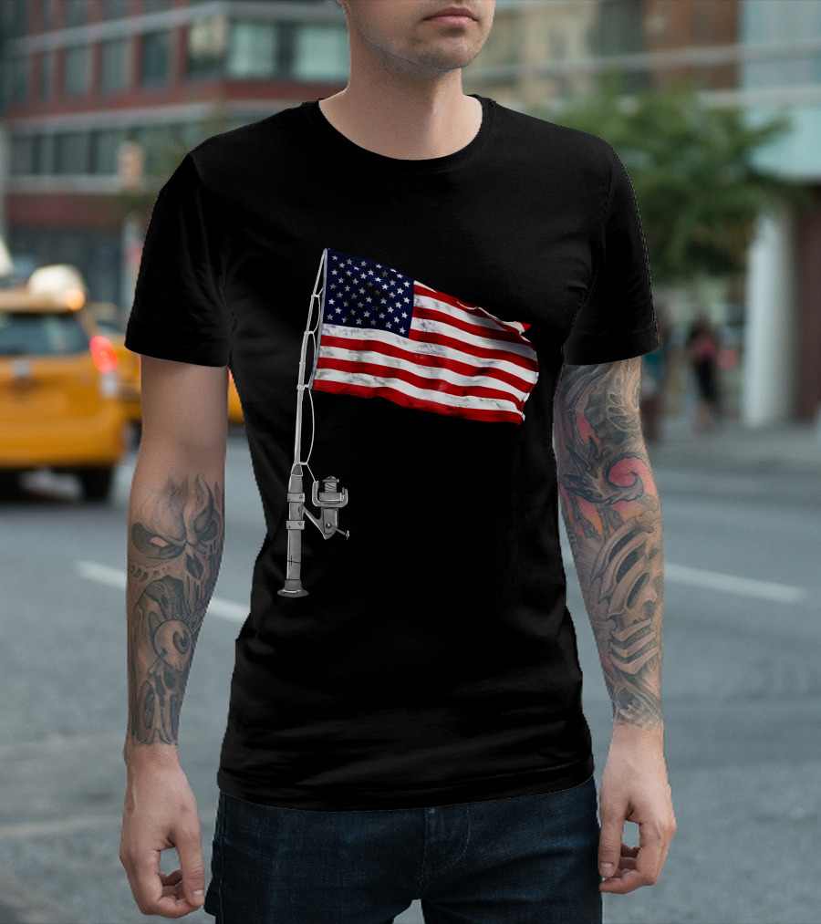 American Fishing Rod Flag Camping T-Shirt