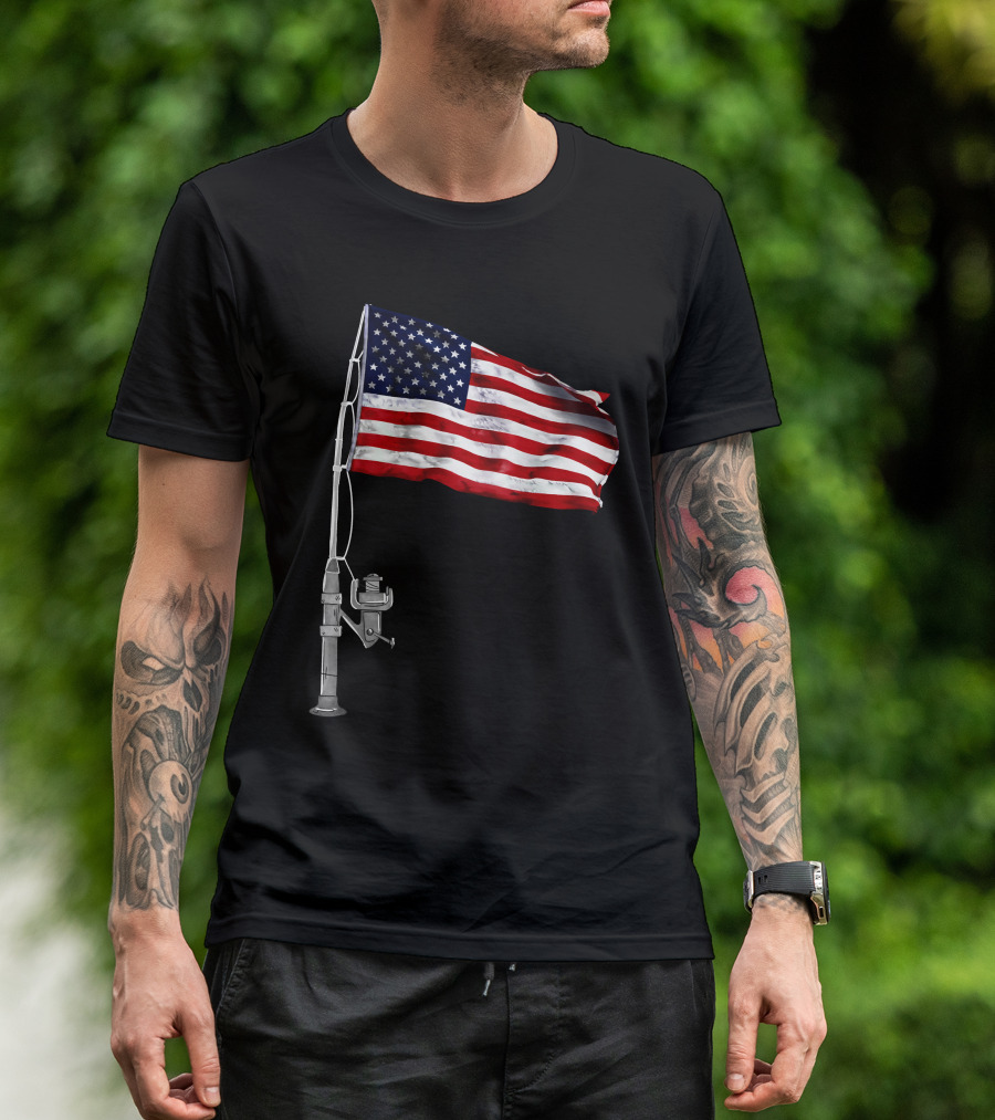 American Fishing Rod Flag Camping T-Shirt
