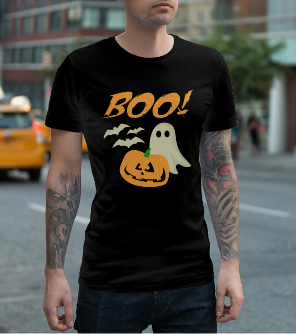 Boo Halloween Ghost Bats Jack O Lantern Spooky Scene T-Shirt
