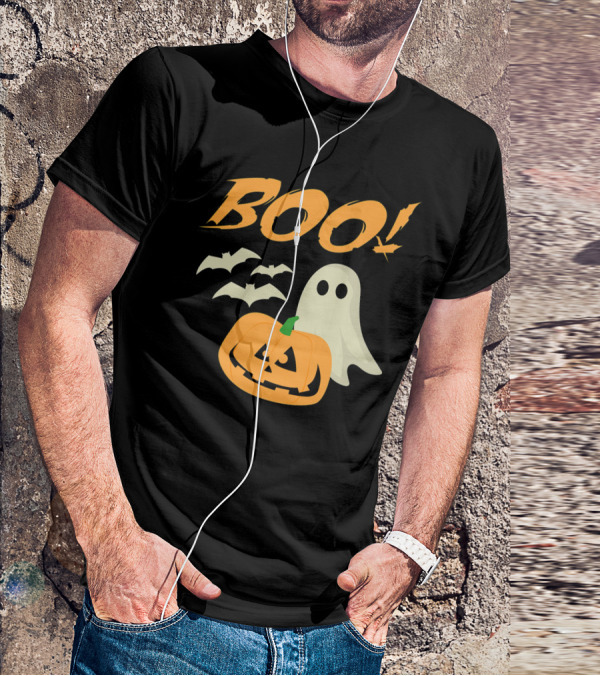 Boo Halloween Ghost Bats Jack O Lantern Spooky Scene T-Shirt