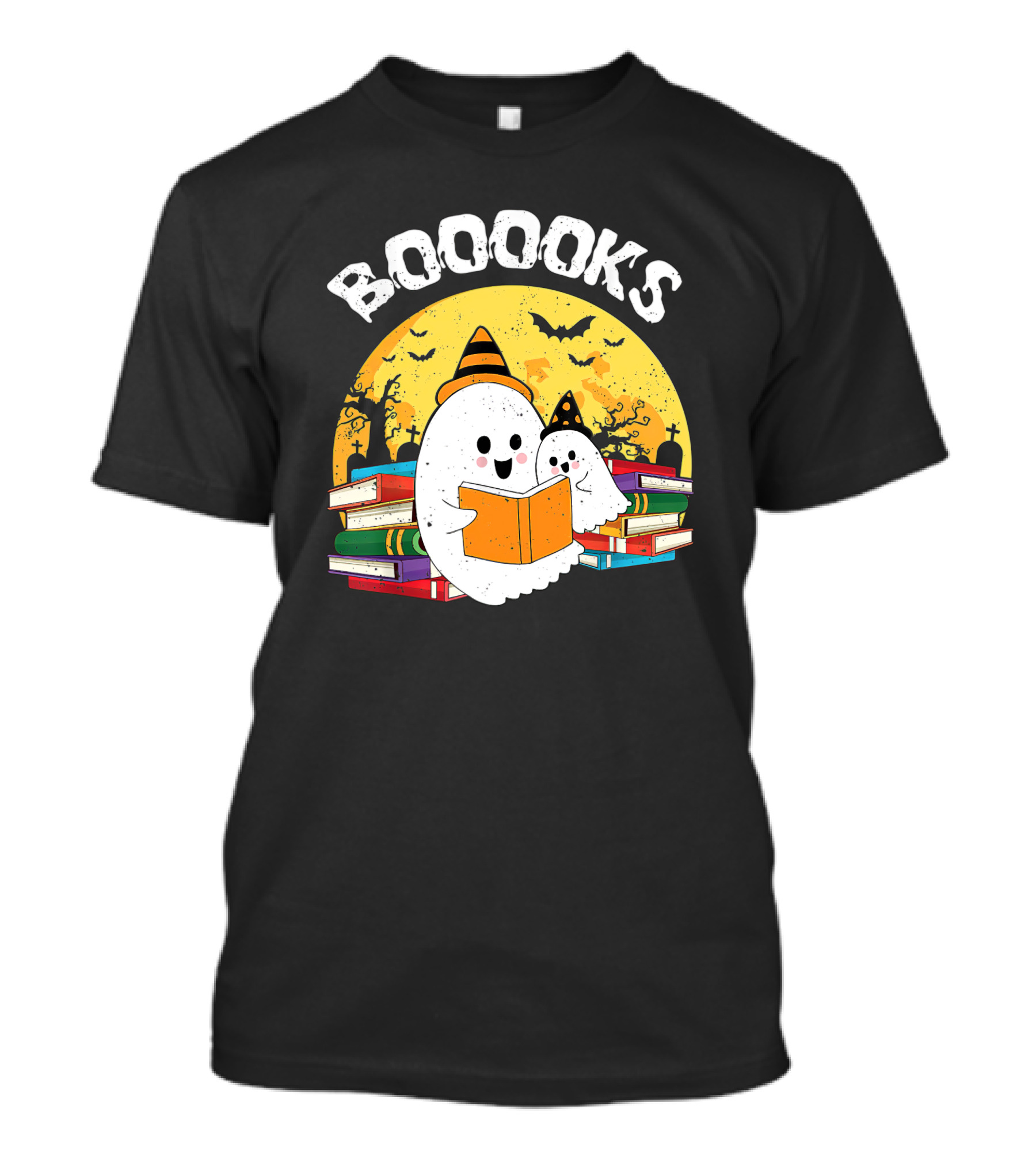 BOOOOKS Ghost With Witch Hat Reading Stacked Books Halloween Moon Bats T-Shirt