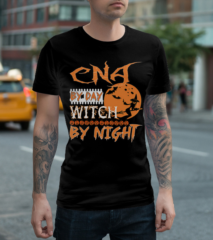 CNA By Day Witch By Night Flying Witch On Broom With Pumpkins And Bats T-Shirt
