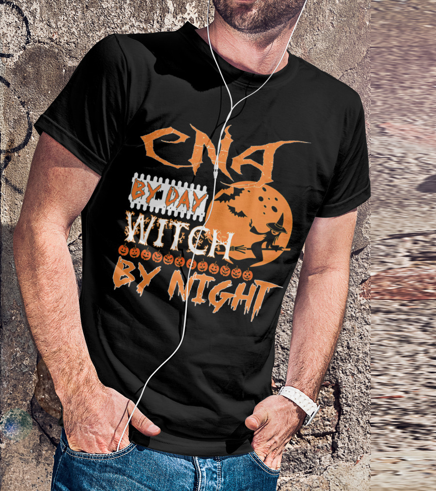 CNA By Day Witch By Night Flying Witch On Broom With Pumpkins And Bats T-Shirt