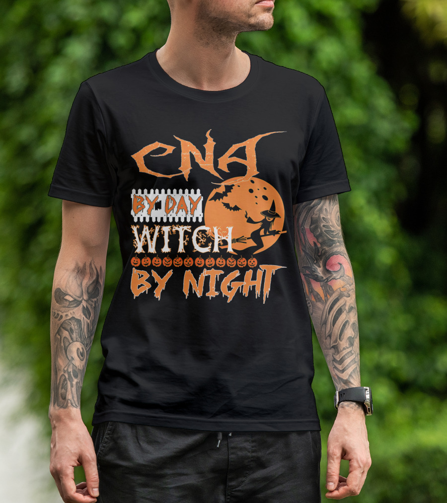 CNA By Day Witch By Night Flying Witch On Broom With Pumpkins And Bats T-Shirt