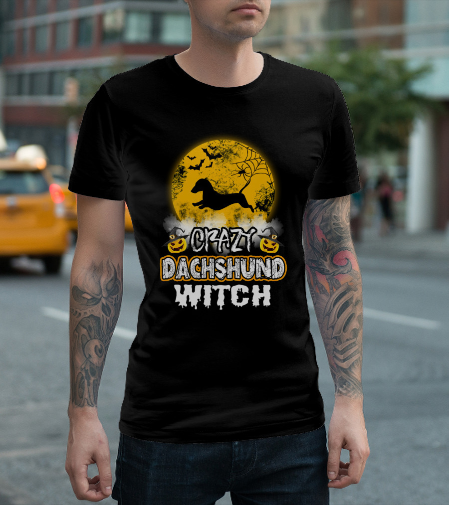 Crazy Dachshund Witch Moon Bats Pumpkin T-Shirt
