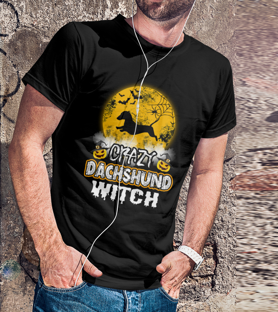 Crazy Dachshund Witch Moon Bats Pumpkin T-Shirt