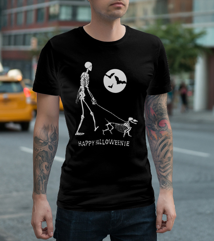 Happy Halloweenie Dachshund Skeleton Moon Bats T-Shirt