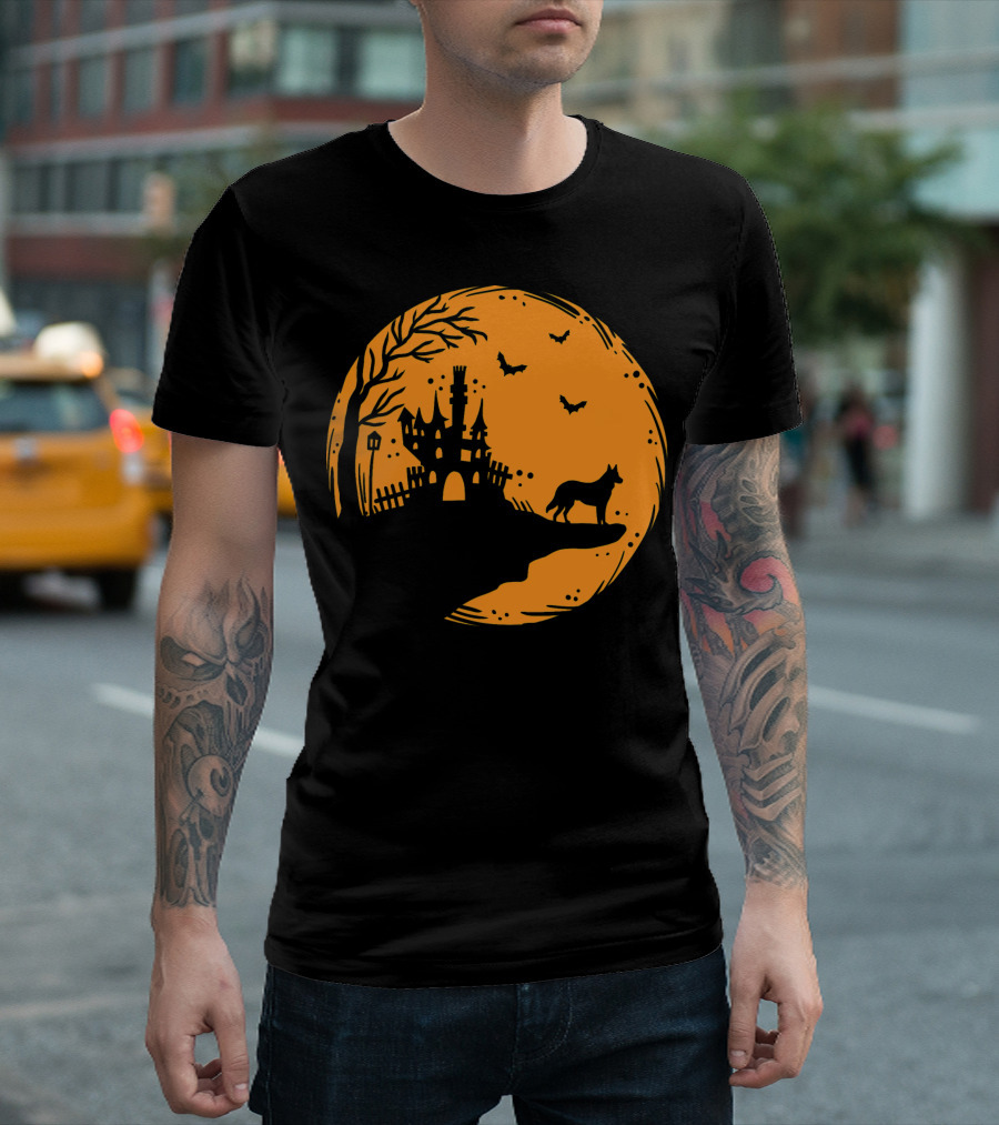 Halloween Dog Silhouette With Haunted Castle And Bats T-Shirt