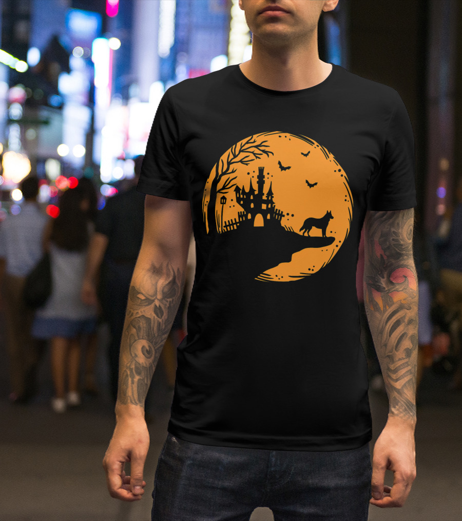 Halloween Dog Silhouette With Haunted Castle And Bats T-Shirt