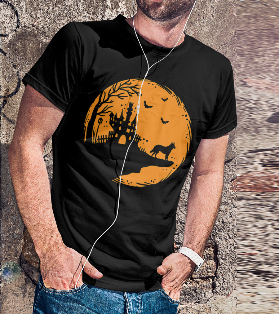 Halloween Dog Silhouette With Haunted Castle And Bats T-Shirt