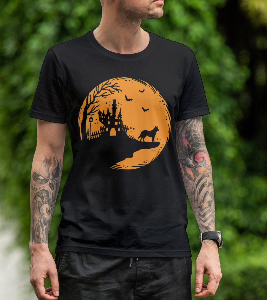 Halloween Dog Silhouette With Haunted Castle And Bats T-Shirt
