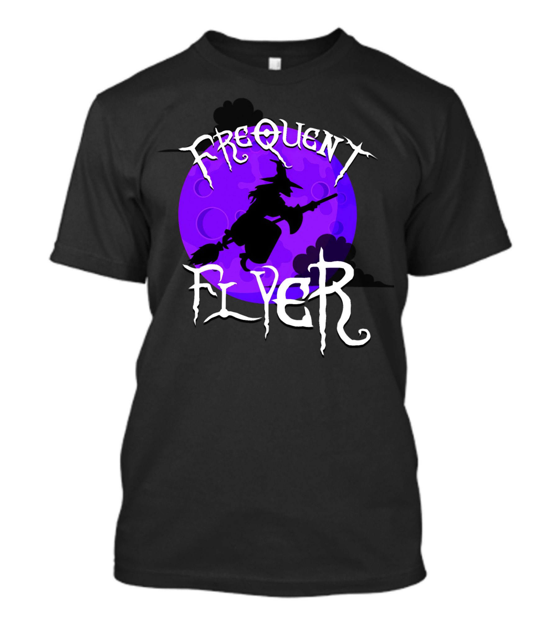 Frequent Flyer Witch Broom Silhouette Against Purple Moon T-Shirt