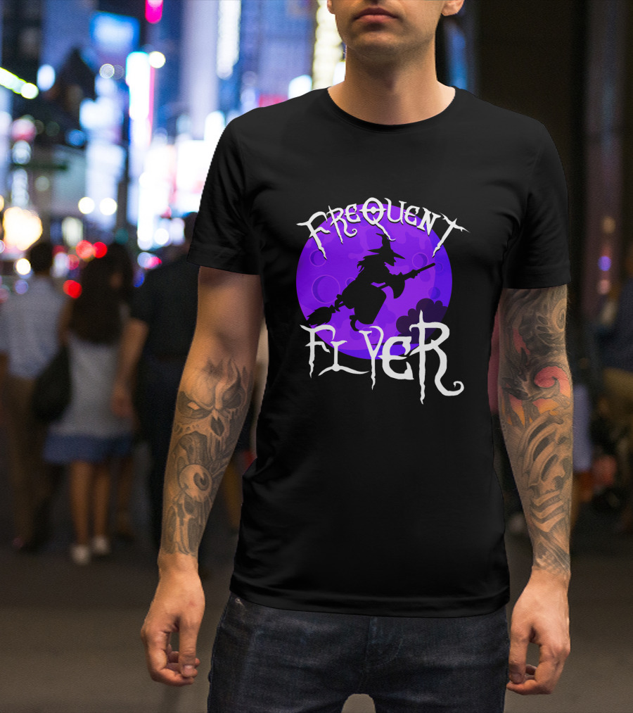 Frequent Flyer Witch Broom Silhouette Against Purple Moon T-Shirt