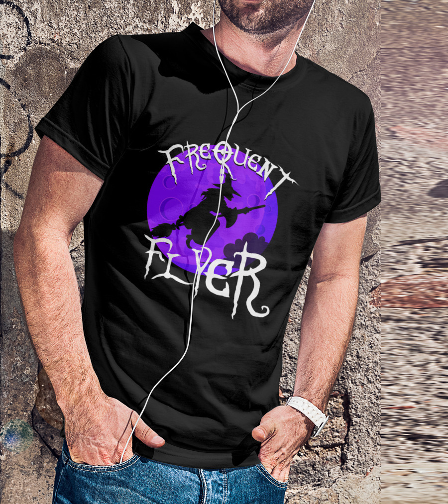 Frequent Flyer Witch Broom Silhouette Against Purple Moon T-Shirt