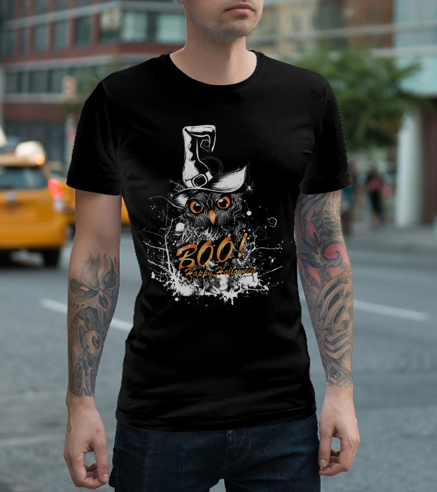 BOO Happy Halloween Owl with Witch Hat T-Shirt