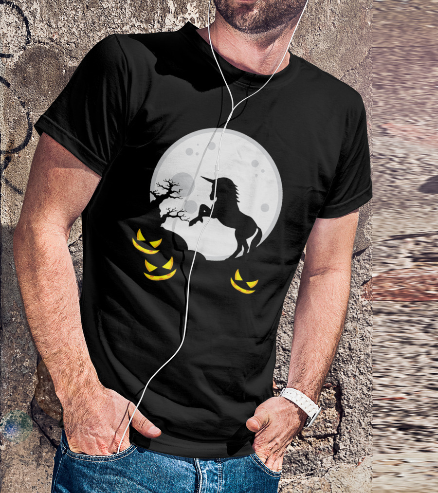 Halloween Unicorn And Jack-O'-Lanterns Full Moon Scene T-Shirt