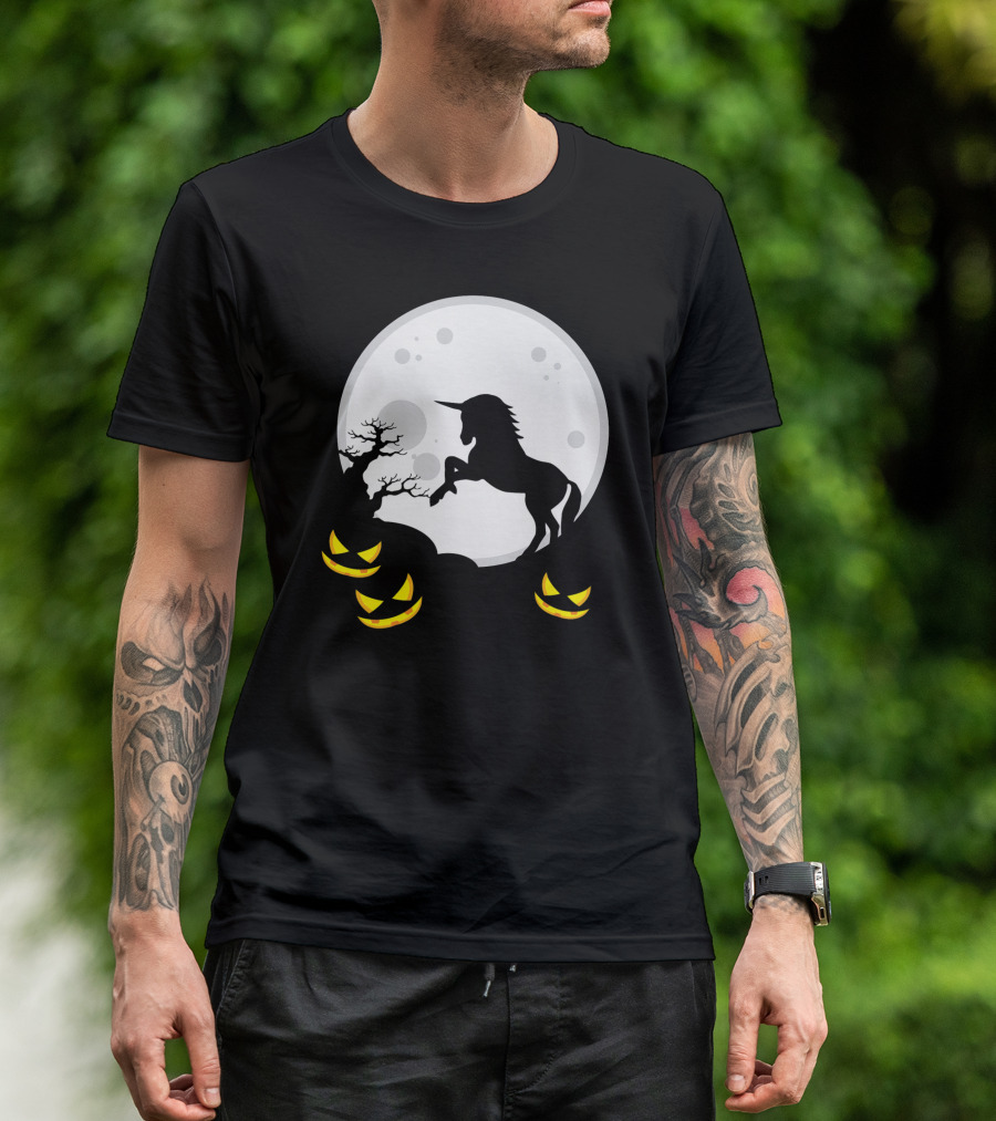 Halloween Unicorn And Jack-O'-Lanterns Full Moon Scene T-Shirt