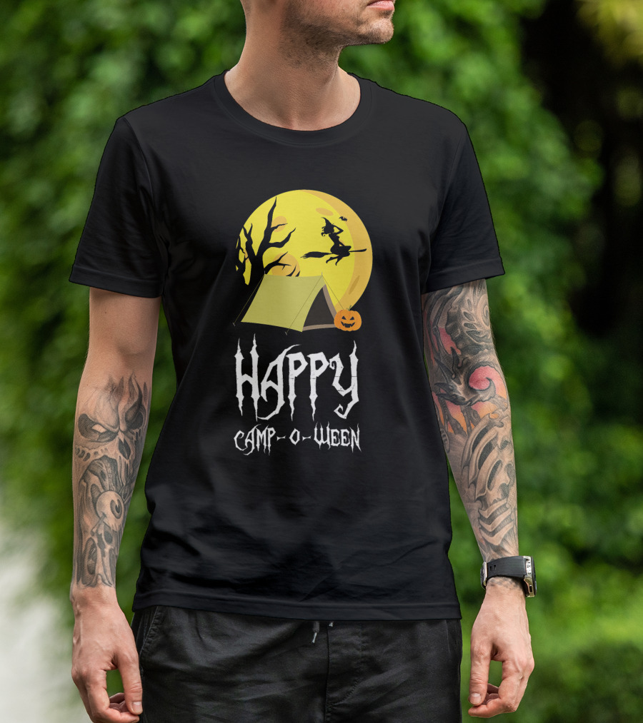 Happy Camp O Ween With Witch And Pumpkin Camping Under Full Moon T-Shirt