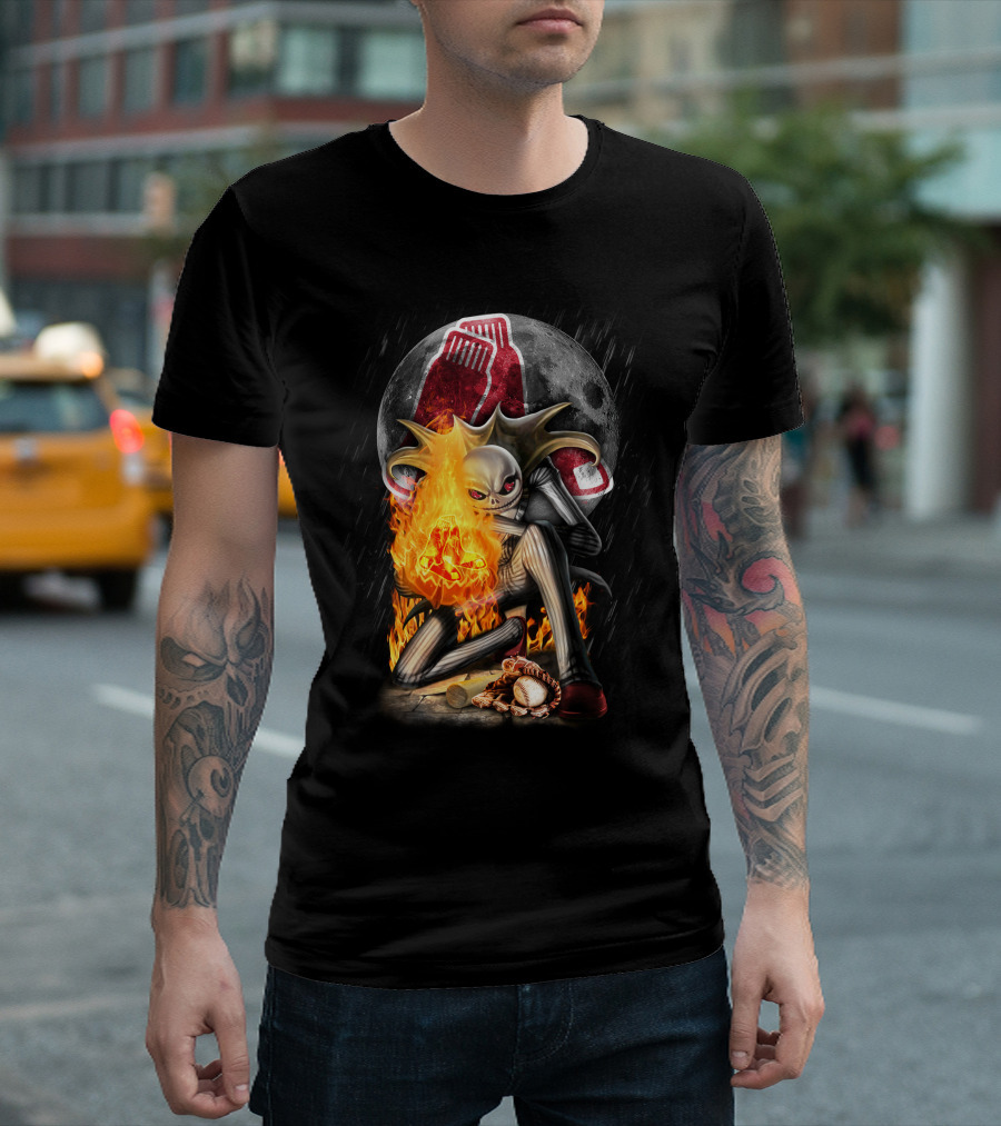 Jack Skellington Boston Red Sox Skeletal Flames Moon Baseball Fusion T-Shirt