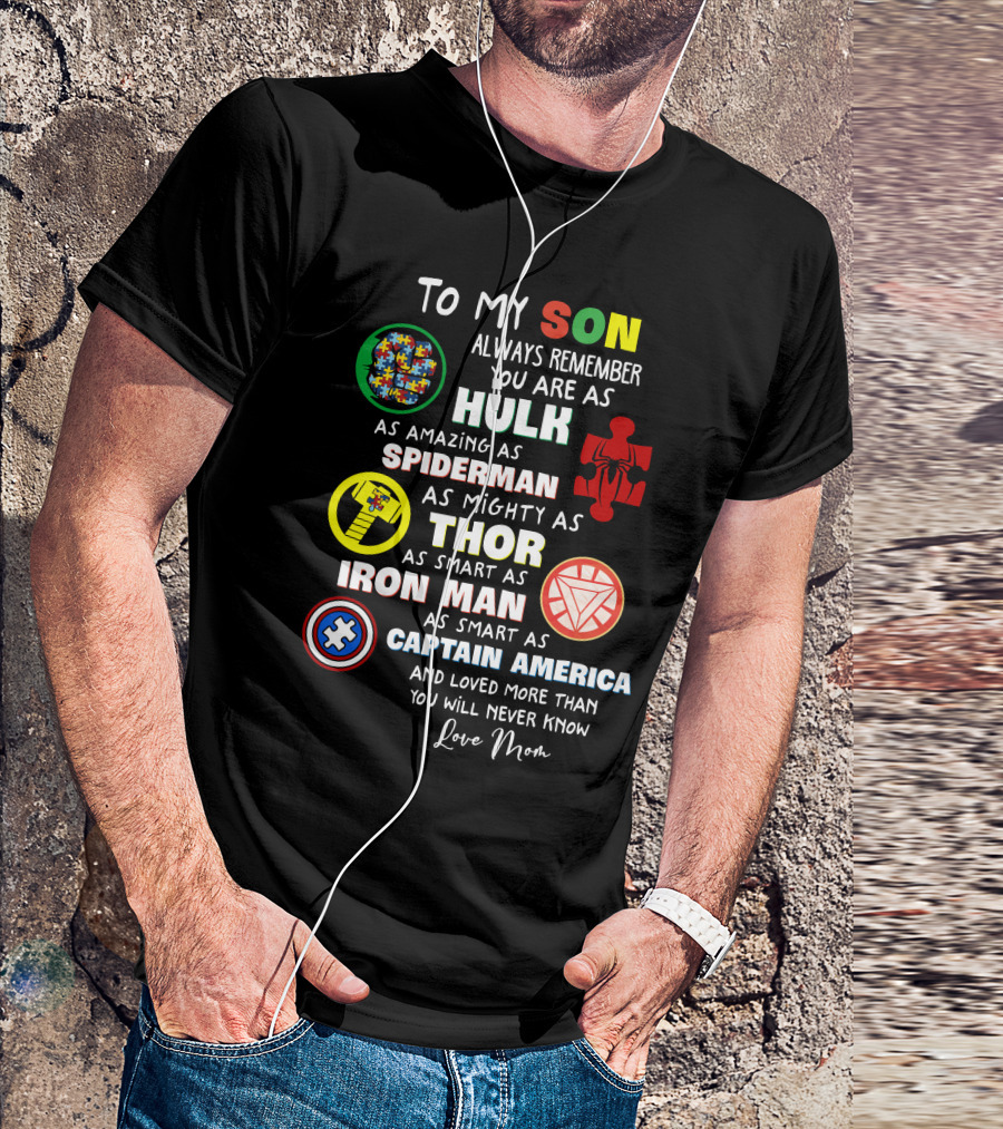 To My Son Always Remember You Are As Hulk As Amazing As Spiderman As Mighty As Thor As Smart As Iron Man Captain America Love Mom T-Shirt