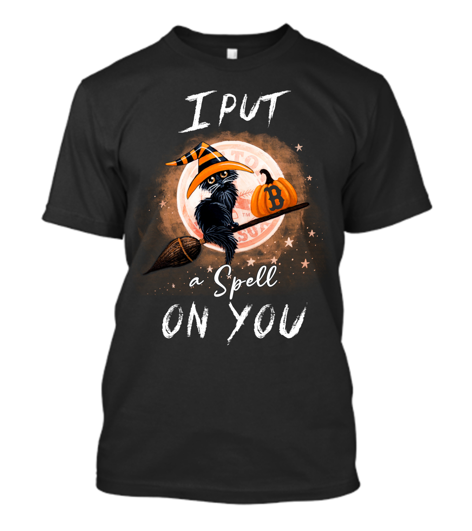I Put A Spell On You Boston Red Sox Halloween Cat Pumpkin Broomstick Magic T-Shirt