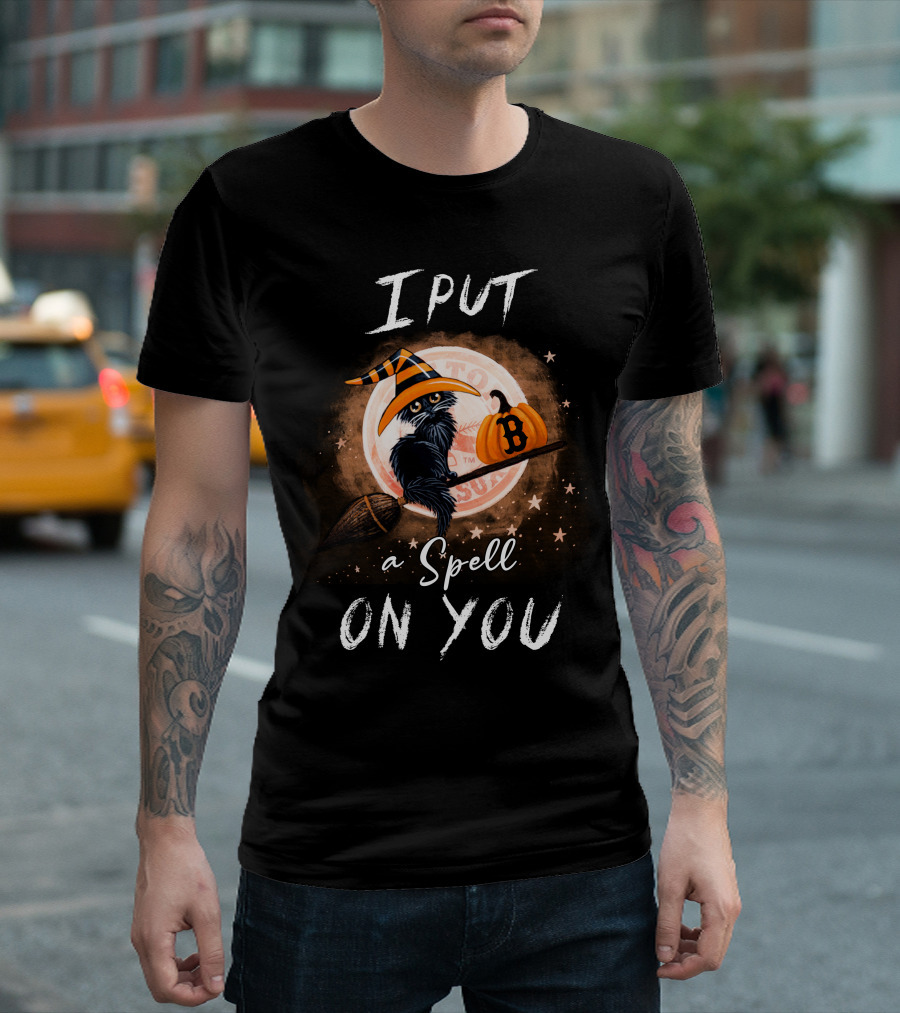 I Put a Spell on You Boston Red Sox Halloween Cat Pumpkin Broomstick Magic T-Shirt