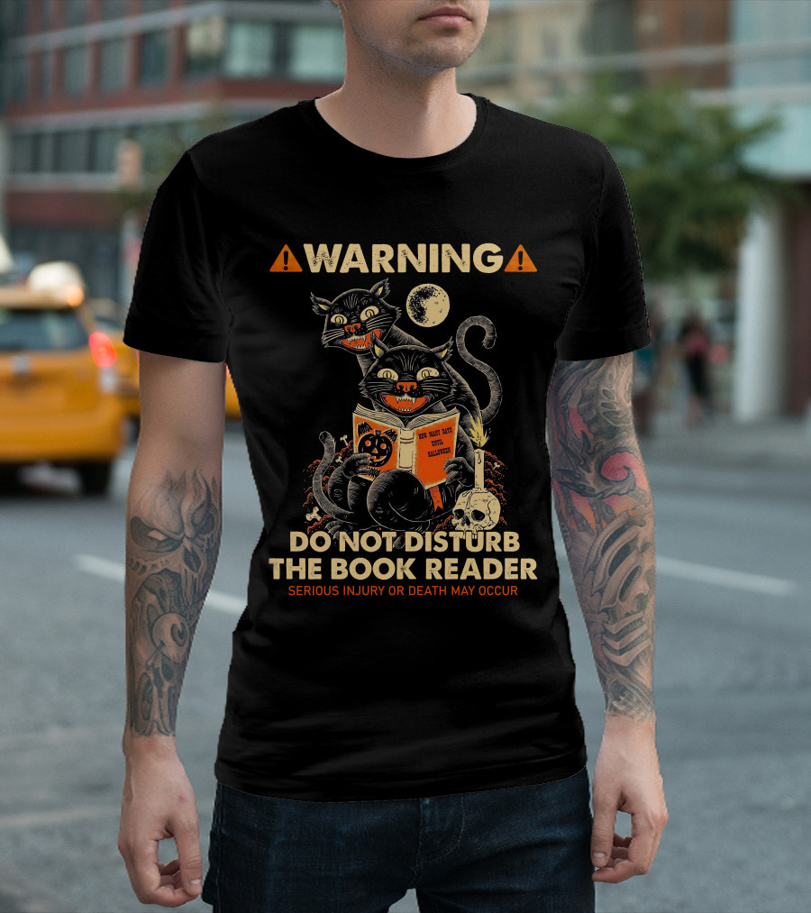 Warning Do Not Disturb the Book Reader Serious Injury or Death May Occur Spooky Cats Moon Skull Halloween 2008 T-Shirt