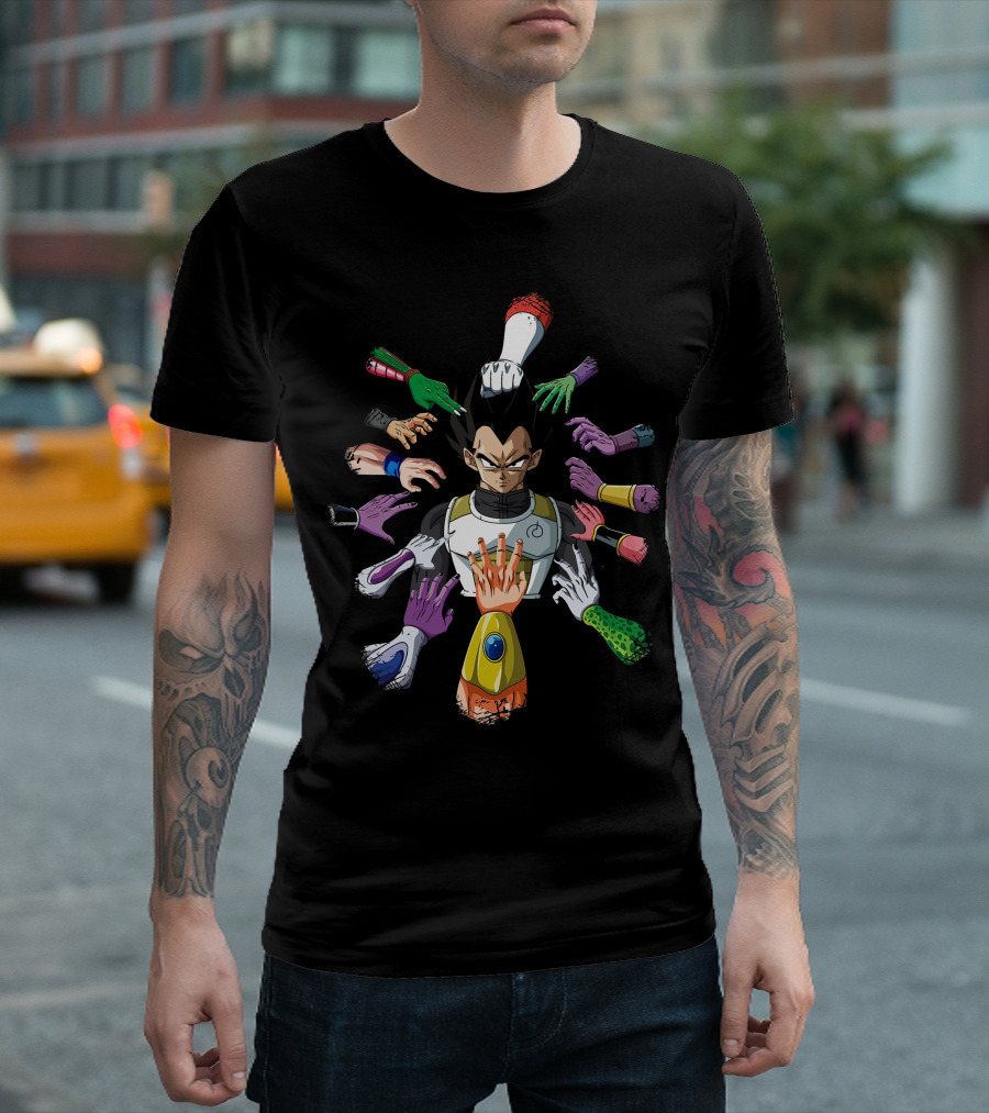 Vegeta Surrounded by Colorful Hands in John Wick T-Shirt