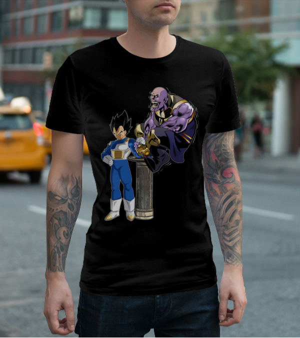 Vegeta And Thanos Arm Wrestling On Stone Pedestal T-Shirt