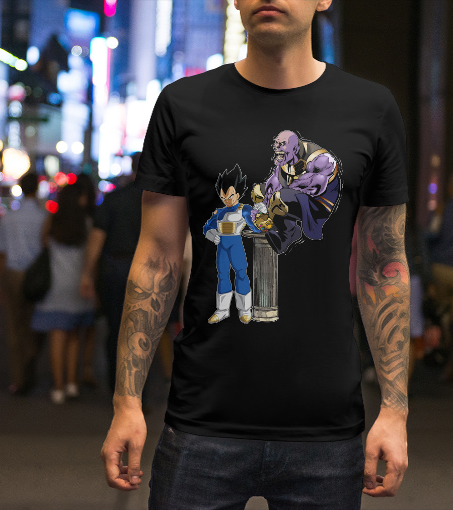 Vegeta And Thanos Arm Wrestling On Stone Pedestal T-Shirt