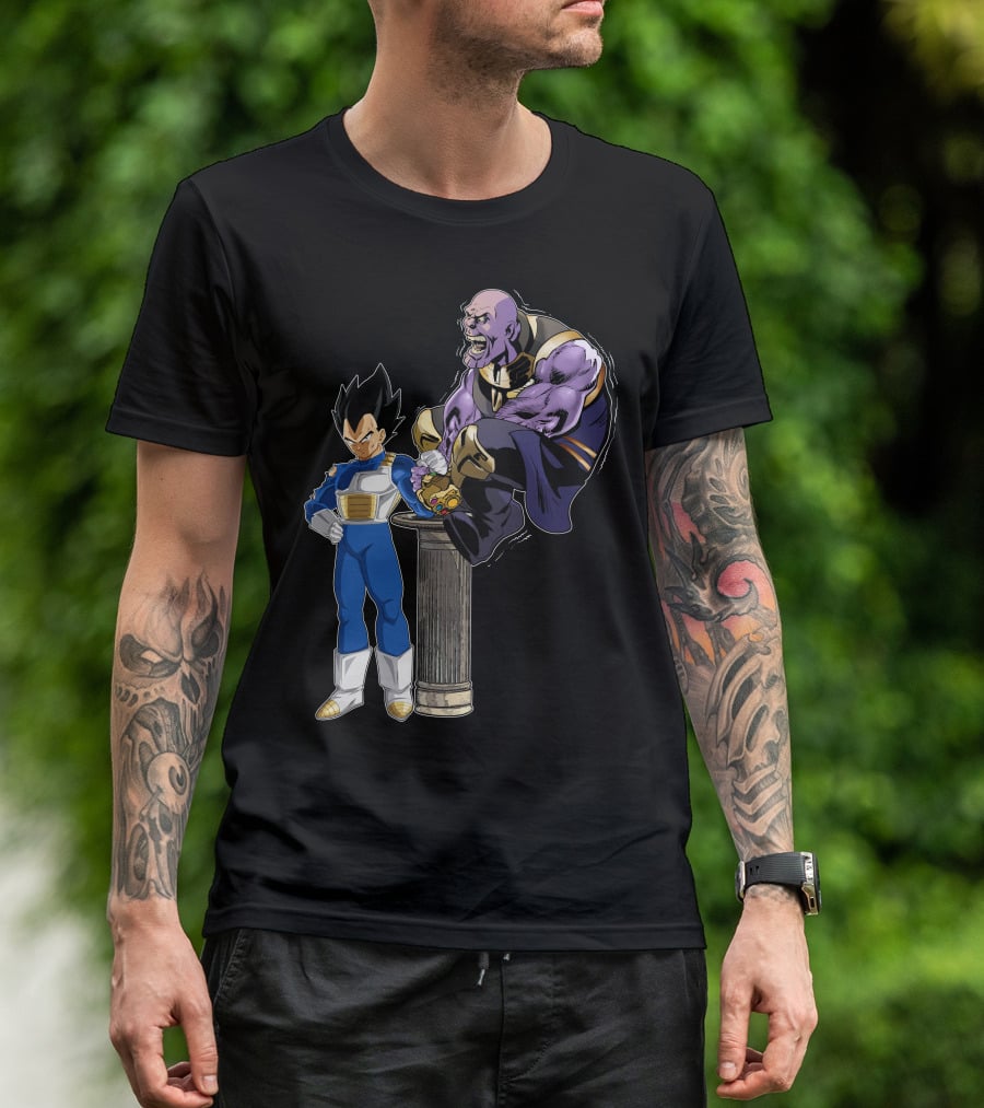 Vegeta And Thanos Arm Wrestling On Stone Pedestal T-Shirt
