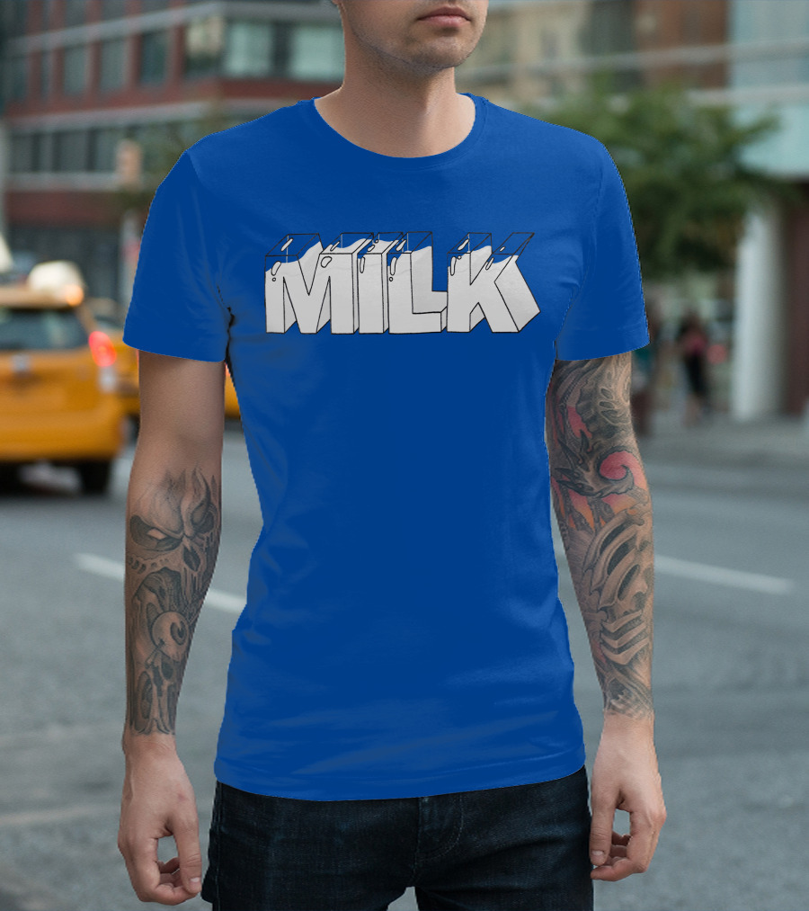 Ted Nivison Milk Merch Bold Blue Text T-Shirt
