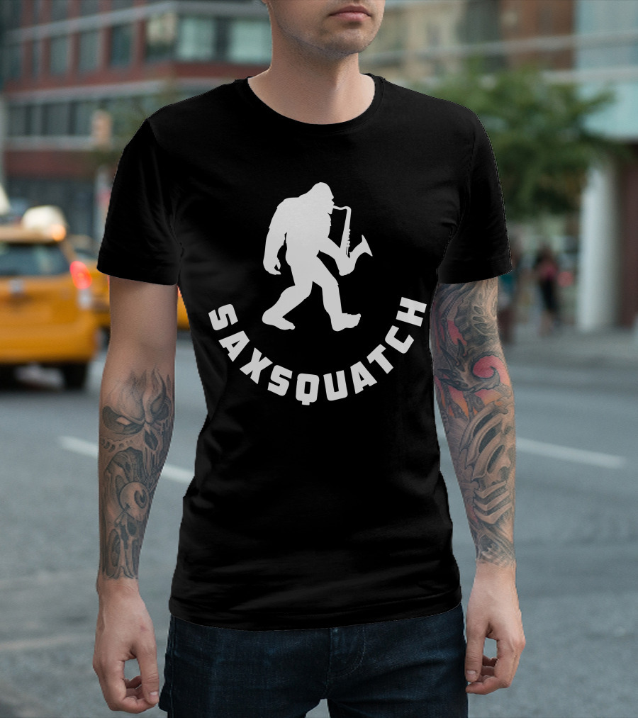 Saxsquatch Saxophone Playing Bigfoot Walking T-Shirt