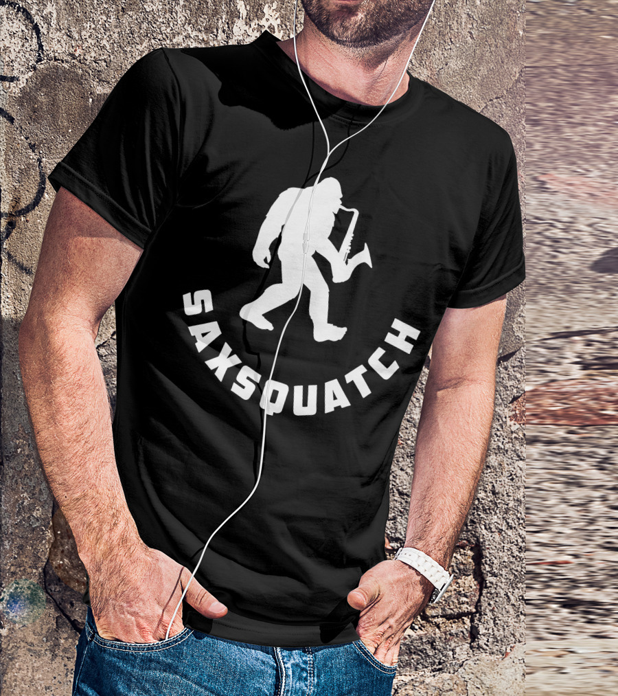 Saxsquatch Saxophone Playing Bigfoot Walking T-Shirt
