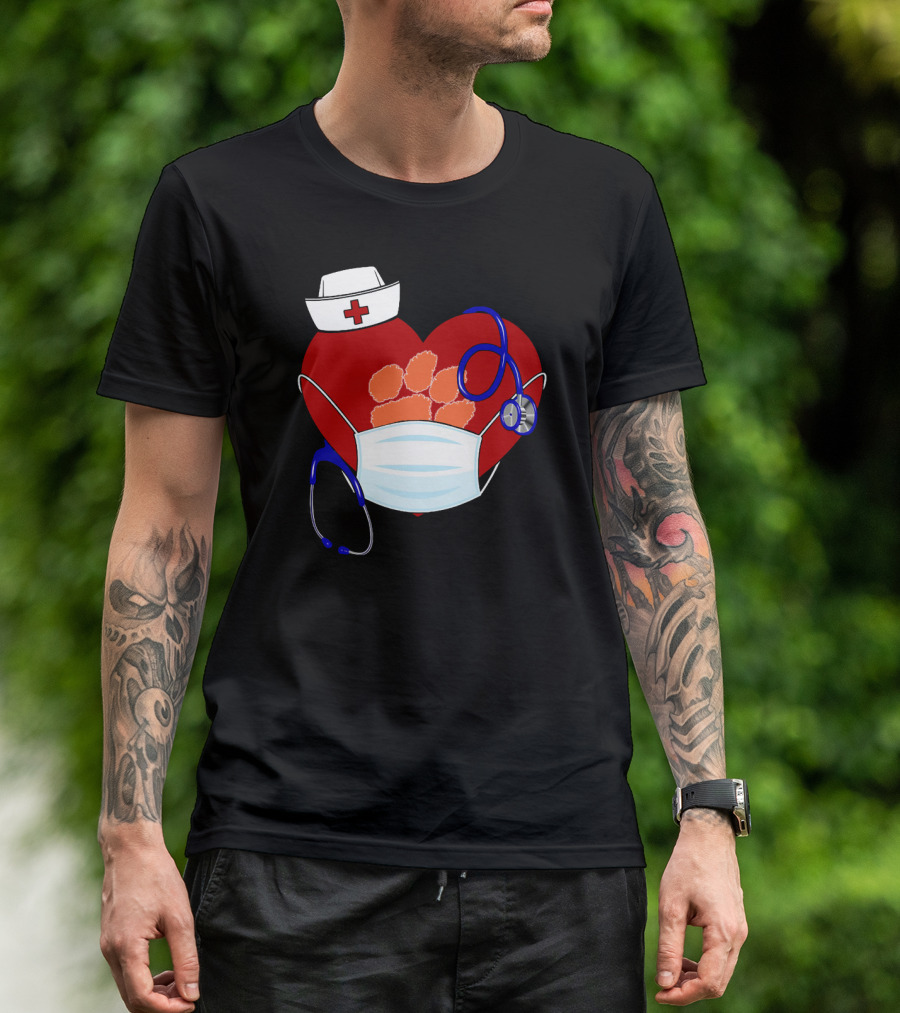 Heart Tigers Nursing Mask Stethoscope Paw Prints T-Shirt