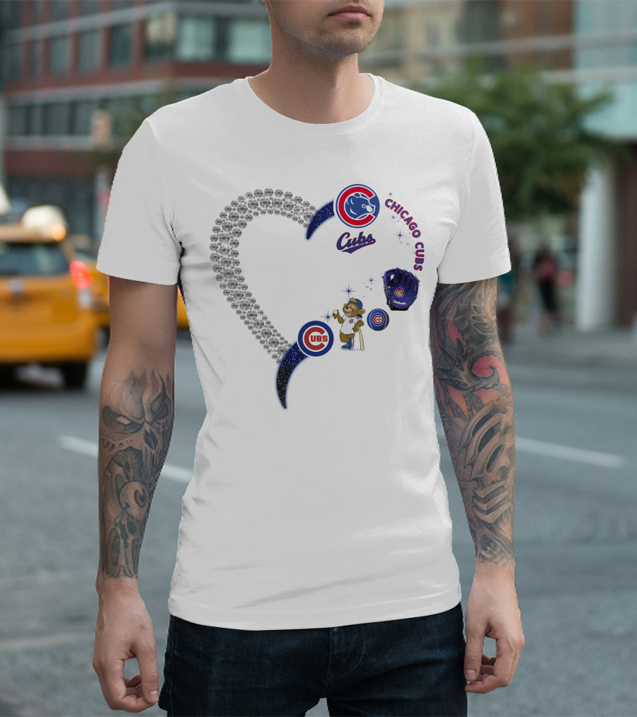 Chicago Cubs Heart Design with Logos and Bear Mascot T-Shirt