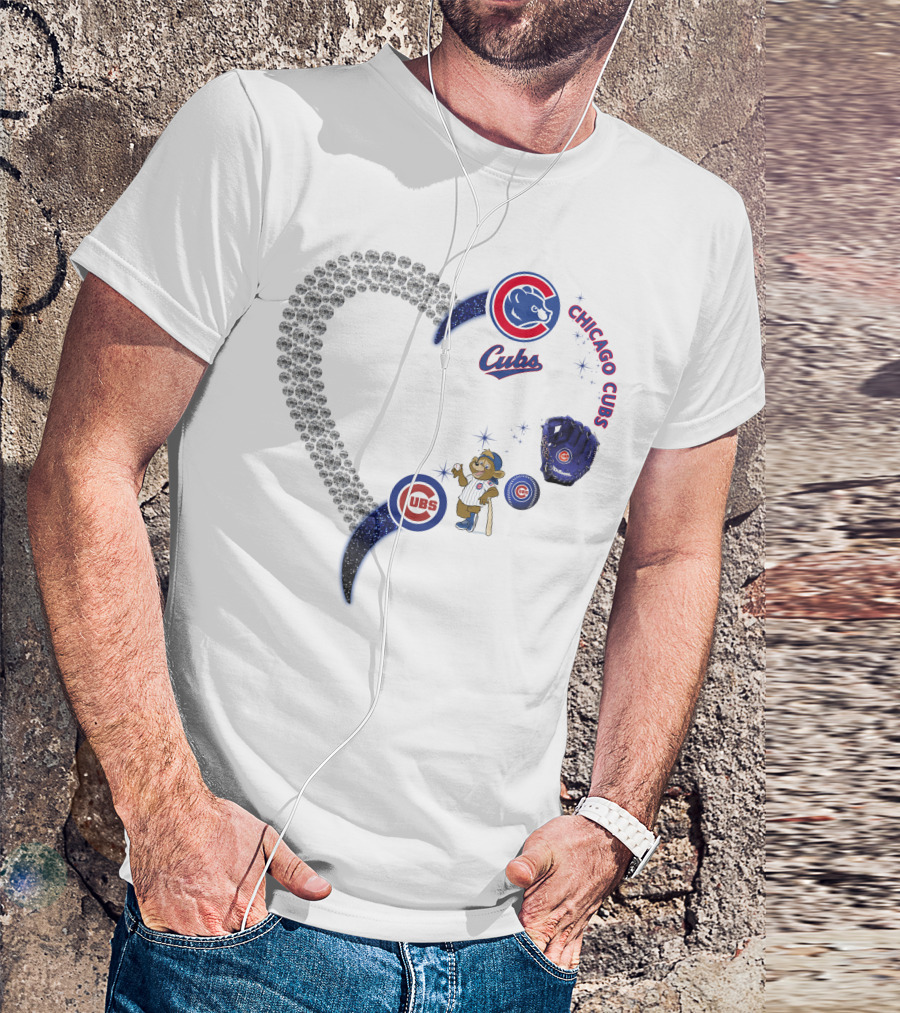 Chicago Cubs Heart Design With Logos And Bear Mascot T-Shirt