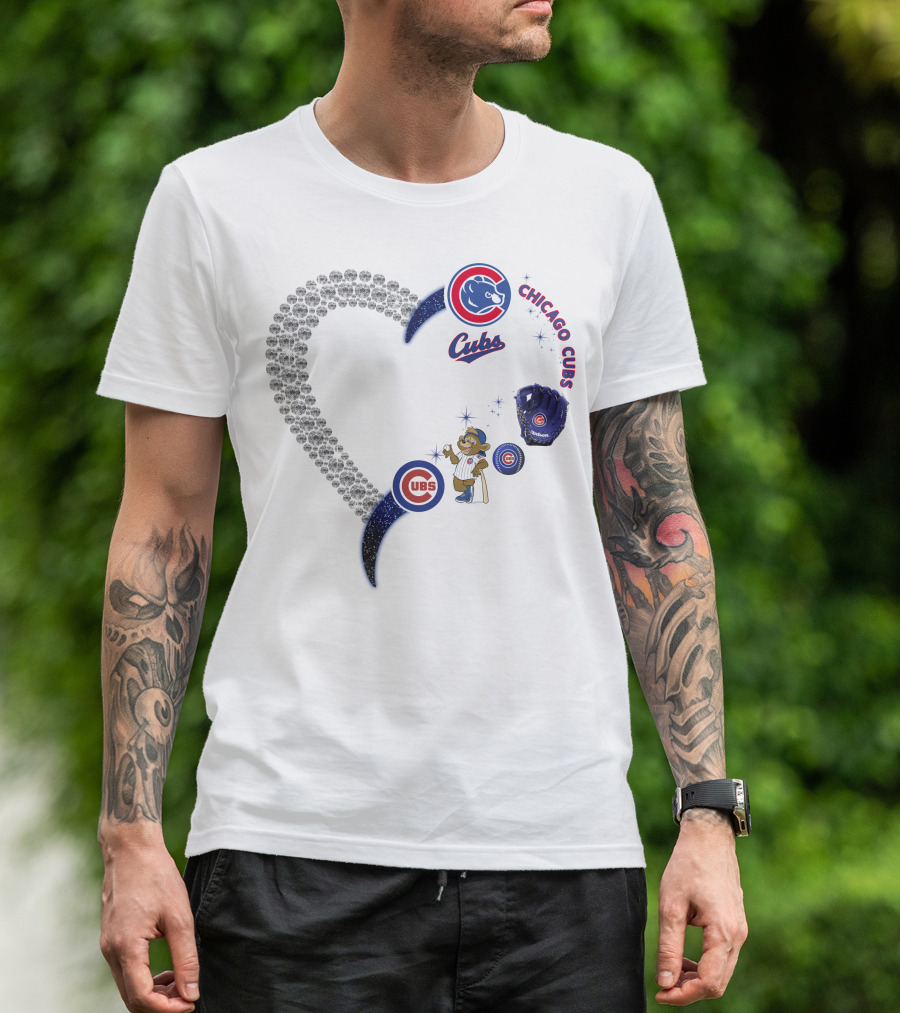 Chicago Cubs Heart Design With Logos And Bear Mascot T-Shirt