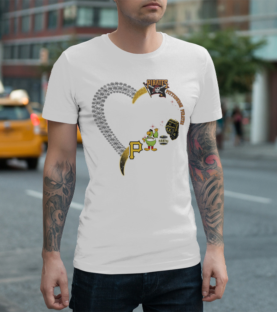 Pittsburgh Pirates Heart Logo Skully Parrot Baseball Glove P Patch T-Shirt