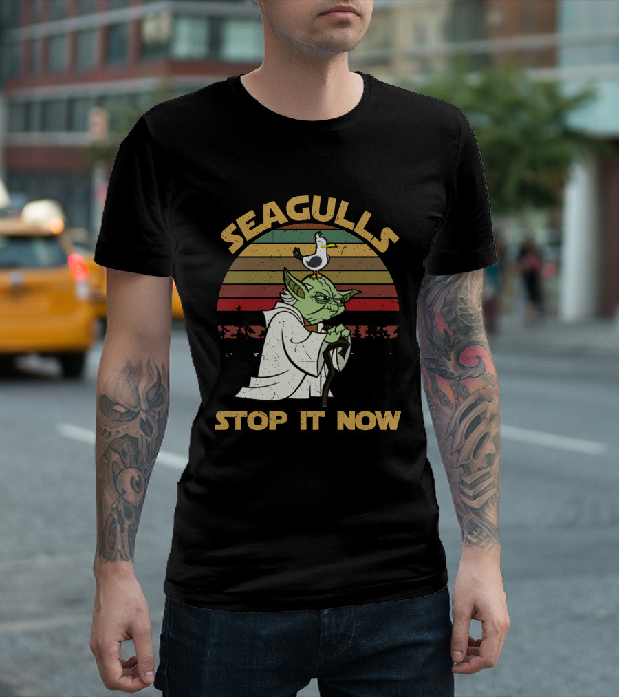 Seagulls STOP IT NOW Retro Yoda Parody With Seagull On Head T-Shirt