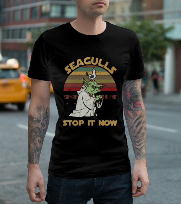 Seagulls STOP IT NOW Retro Yoda Parody With Seagull On Head T-Shirt