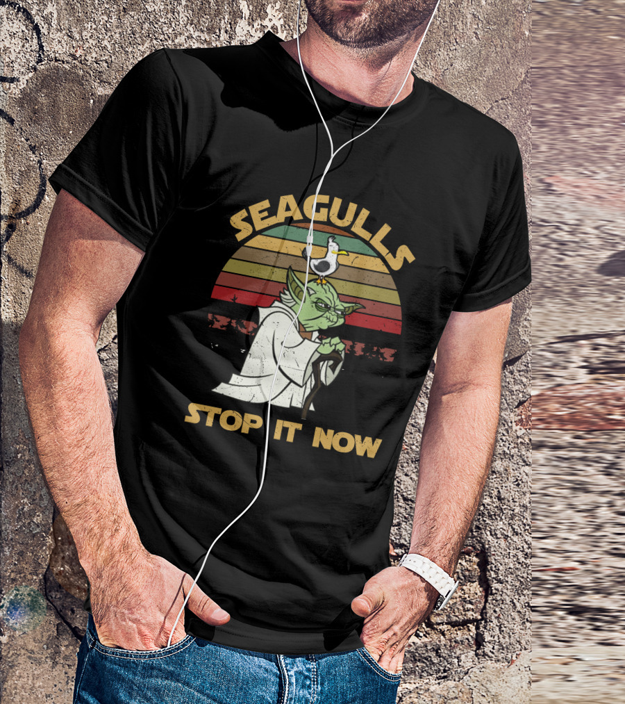 Seagulls STOP IT NOW Retro Yoda Parody With Seagull On Head T-Shirt