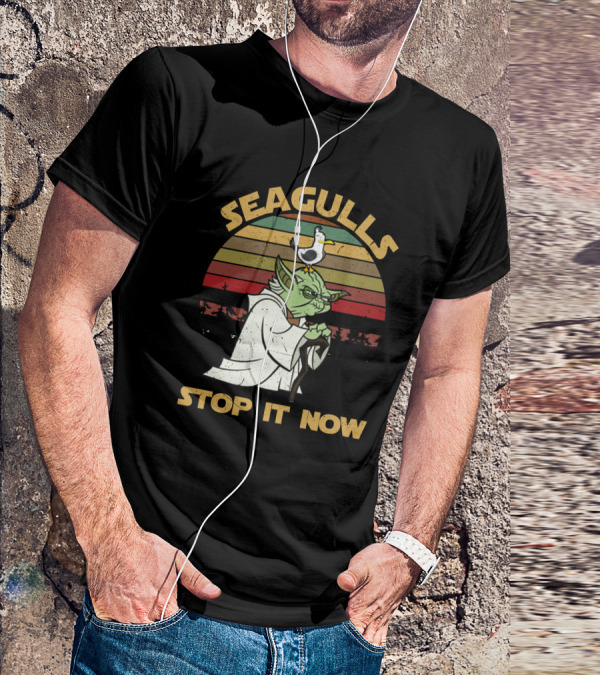 Seagulls STOP IT NOW Retro Yoda Parody With Seagull On Head T-Shirt