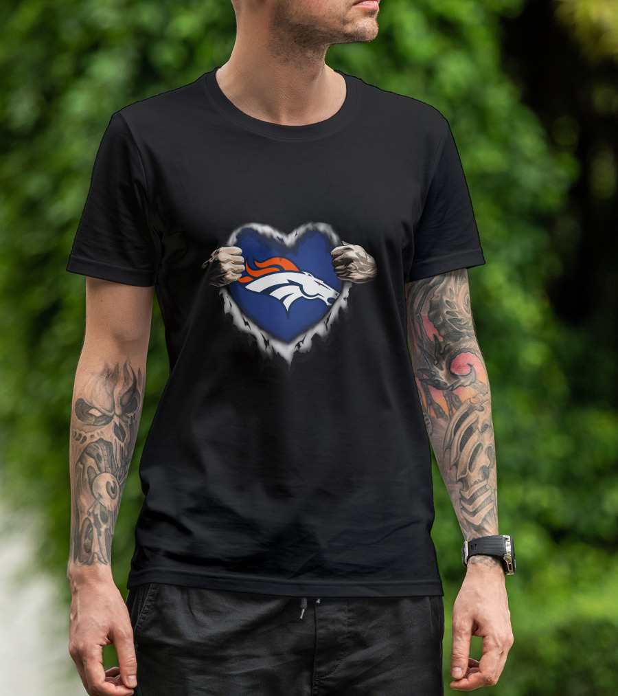 Denver Broncos Heart Rip Logo Hands T-Shirt